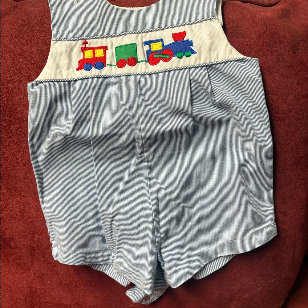 Striped Blue Train Embroidered Kids One Piece